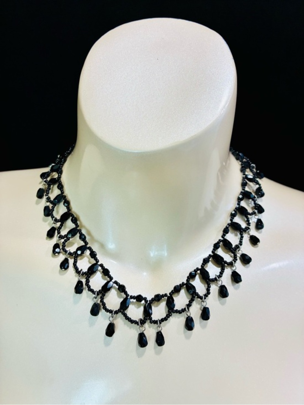 Black Glass Beaded Fringe Necklace for Women Victorian Revival Dark Boho EUC